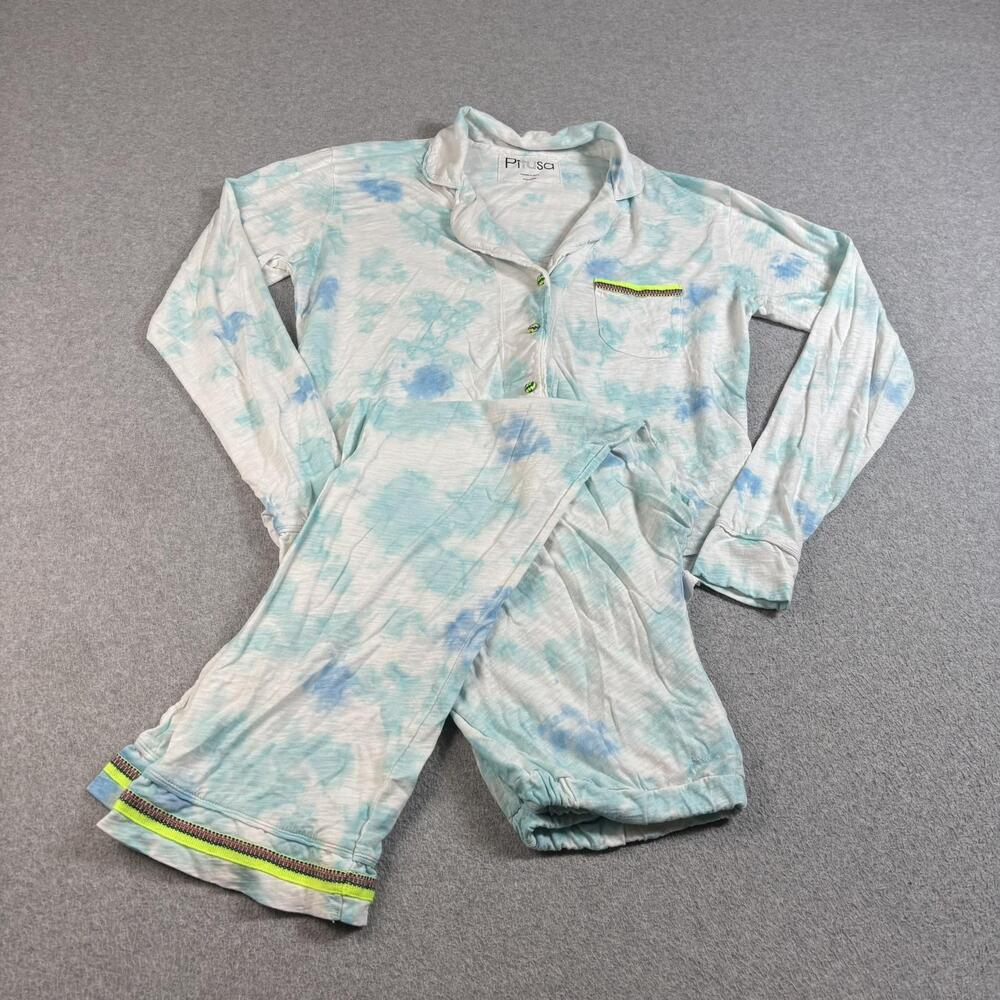 Pitusa Pajama Set Women Standard Blue Tie Dye Button Top Pants Sleepwear Peru
